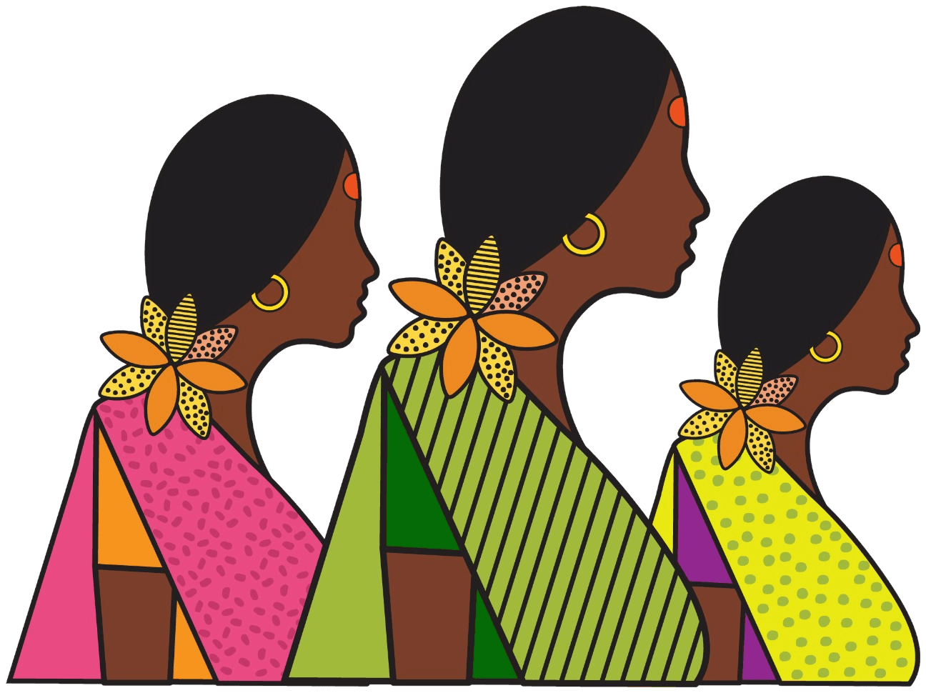 The three women of the Rang Travels logo, in profile, each in a different colour